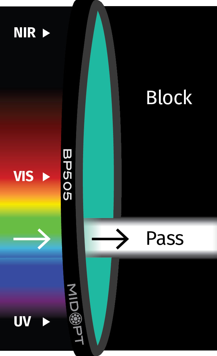 MidOpt BP505-30.5 Broad Bandwidth Cyan Bandpass Filter M30.5x0.5 Transmission Chart