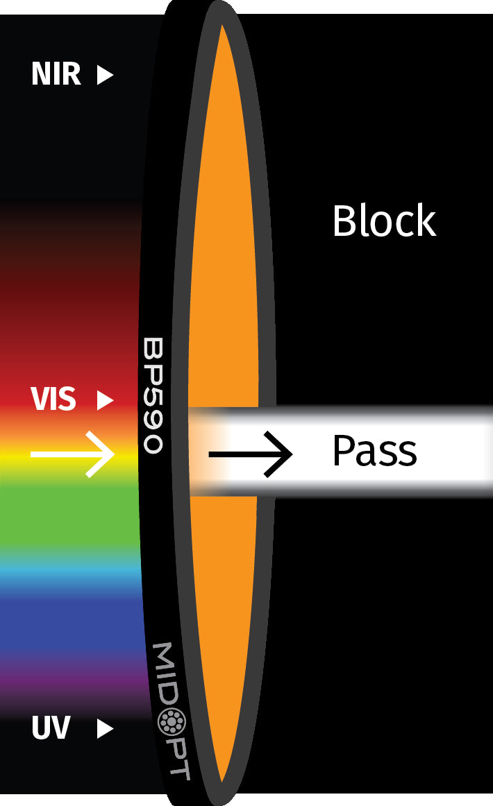 MidOpt BP590-52 Broad Bandwidth Orange Bandpass Filter M52x0.75 Transmission Chart